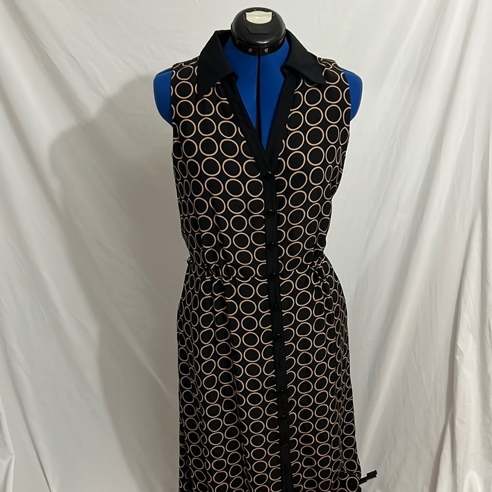 Talbots Black Tan Circle Print Silk Shirt Dress Size 10